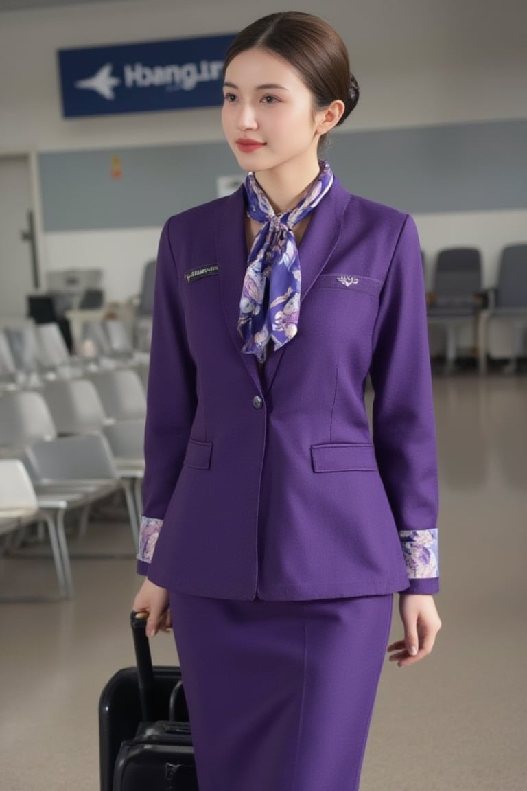 "Thai Airways" A beautiful female flight attendant in a traditional Thai silk uniform, A woman dressed as a flight attendant is pulling a suitcase through an airport terminal. She is wearing a purple uniform and has a tie on her neck. The terminal appears to be empty, with several chairs lined up in the background. "Air Hostess"
