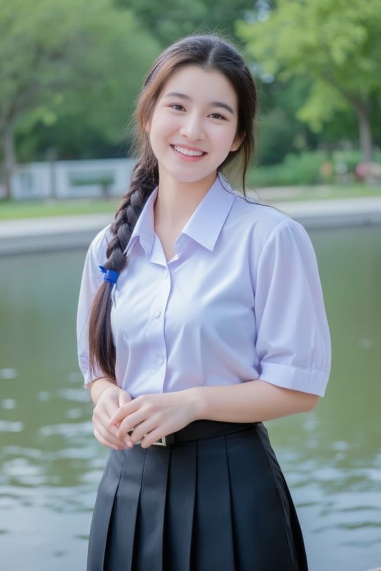 A high school girl with long hair braided bangs hairstyle in a ponytail tied with a blue ribbon, wearing a white  long-sleeved shirt white shirt with a short black tie and a long black skirt, stands by the water. She was smiling, sweet, charming and seemed to be enjoying the moment. The background has trees and flowers, suggesting that this may be a park or recreational area near the river.
