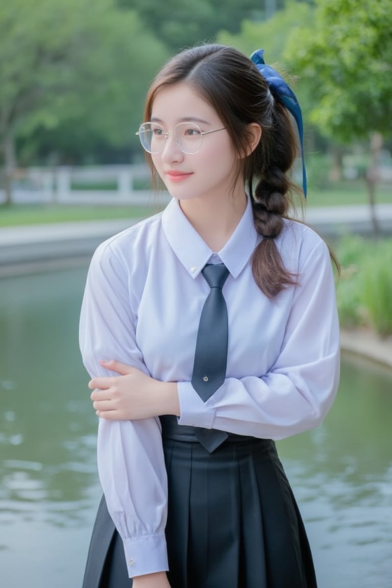 Portrait of A high school girl with long hair braided bangs hairstyle in a ponytail tied with a blue ribbon,wearing a white long-sleeved shirt with a short black tie and a long black skirt, clear-framed glasses. stands by the water. She looks at the A look intro distance, smiles and seems to be enjoying the moment. The background has trees and flowers, suggesting that this may be a park or recreational area near the river.