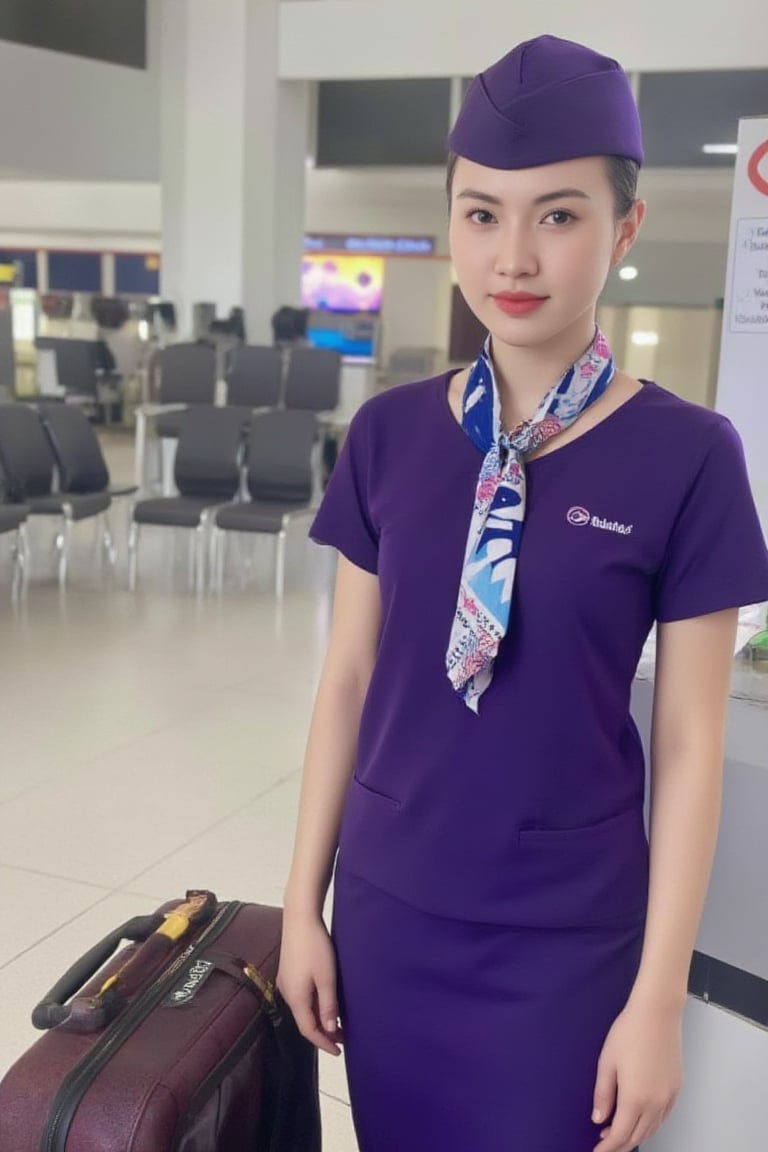 "Thai Airways" A woman dressed as a flight attendant The suitcase is on the side. She is in a standing position. Atmosphere in the airport terminal She wore a a purple uniform and had a tie around her neck. wearing a purple hat The terminal appeared to be empty. with several chairs lined up in the background. "Air Hostess"
