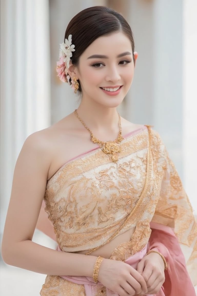 Portrait of A woman wearing a traditional Thai silk dress in soft pink and gold embroidery, accessorized with gold jewelry and a floral hairpiece. Her hair is neatly styled, and she is smiling gently in a bright and elegant setting, perfect for a formal occasion or ceremony.