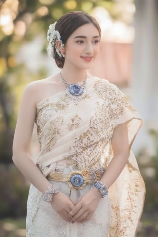 Portrait of A woman wearing a traditional Thai silk dress in soft White and gold embroidery, accessorized with-blue jewelry and a floral hairpiece. Her hair is neatly styled, and she is smiling gently in a bright and elegant setting, perfect for a formal occasion or ceremony.,Thai dress,soft focus,blurry foreground