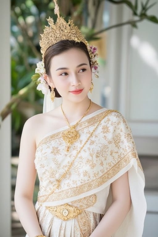 Portrait of A woman wearing a traditional Thai silk dress in soft White and gold embroidery, accessorized with gold jewelry and a floral hairpiece. Her hair is neatly styled, and she is smiling gently in a bright and elegant setting, perfect for a formal occasion or ceremony. Davika,davika