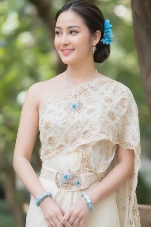 Portrait of A woman wearing a traditional Thai silk dress in soft White and gold embroidery, accessorized blue jewelry and a floral hairpiece. Her hair is neatly styled, and she is smiling gently in a bright and elegant setting, perfect for a formal occasion or ceremony.,Thai dress,soft focus,blurry foreground