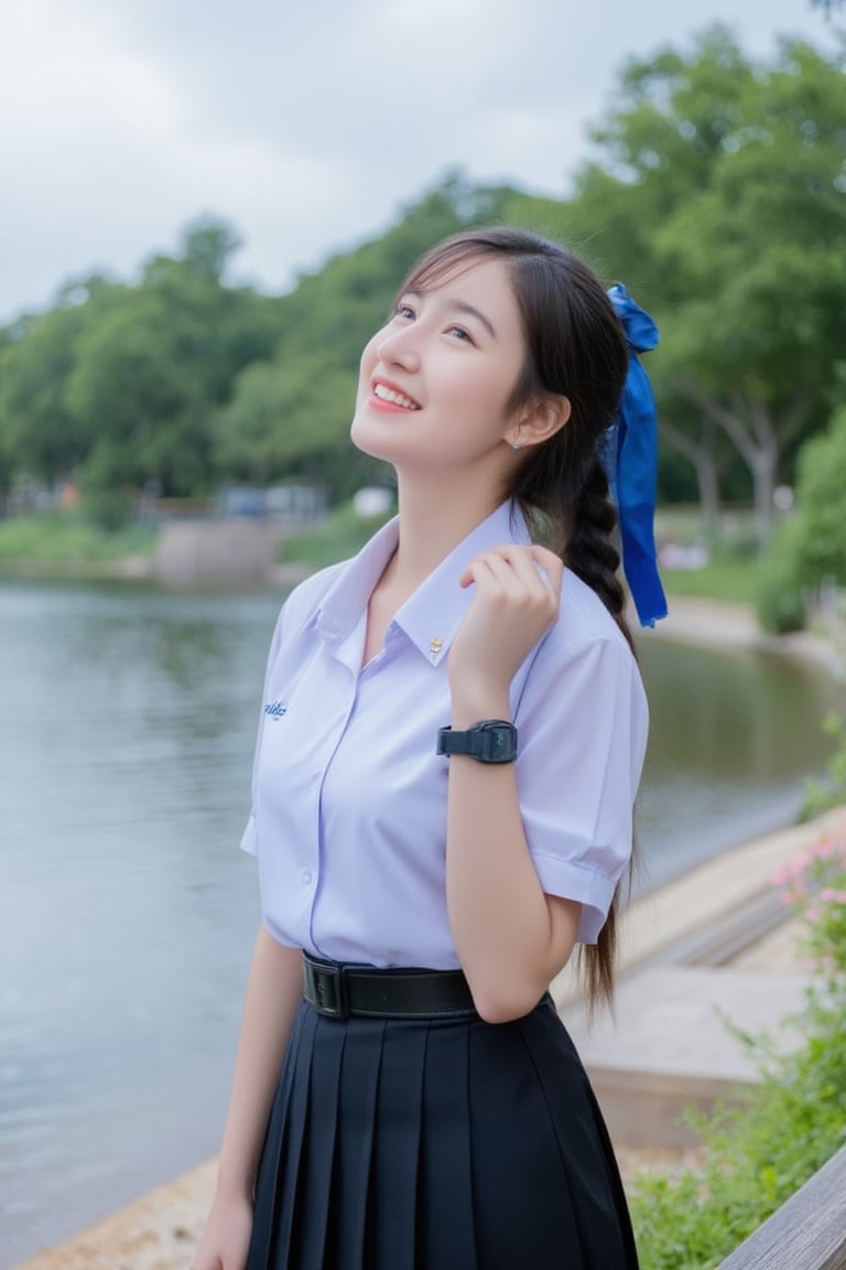 A high school girl with long hair braided in a ponytail tied with a blue ribbon, wearing a white shirt with a short black tie and a long black skirt, stands by the water. She looks up at the sky, smiles and seems to be enjoying the moment. The background has trees and flowers, suggesting that this may be a park or recreational area near the river.