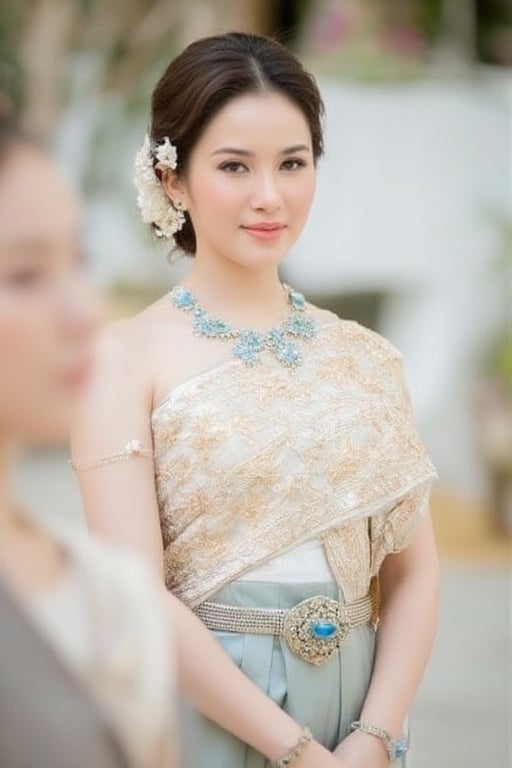 Portrait of A woman wearing a traditional Thai silk dress in soft White and gold embroidery, accessorized blue jewelry and a floral hairpiece. Her hair is neatly styled, and she is smiling gently in a bright and elegant setting, perfect for a formal occasion or ceremony.,Thai dress,soft focus,blurry foreground