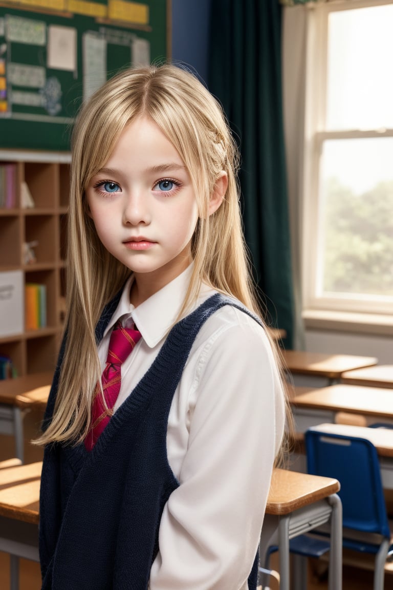 upper body view of a preteen girl with a wellformed skinny body, blonde hair, school uniform, classroom, (Masterpiece, 8K, HDR, Hyperrealistic, beautiful face)