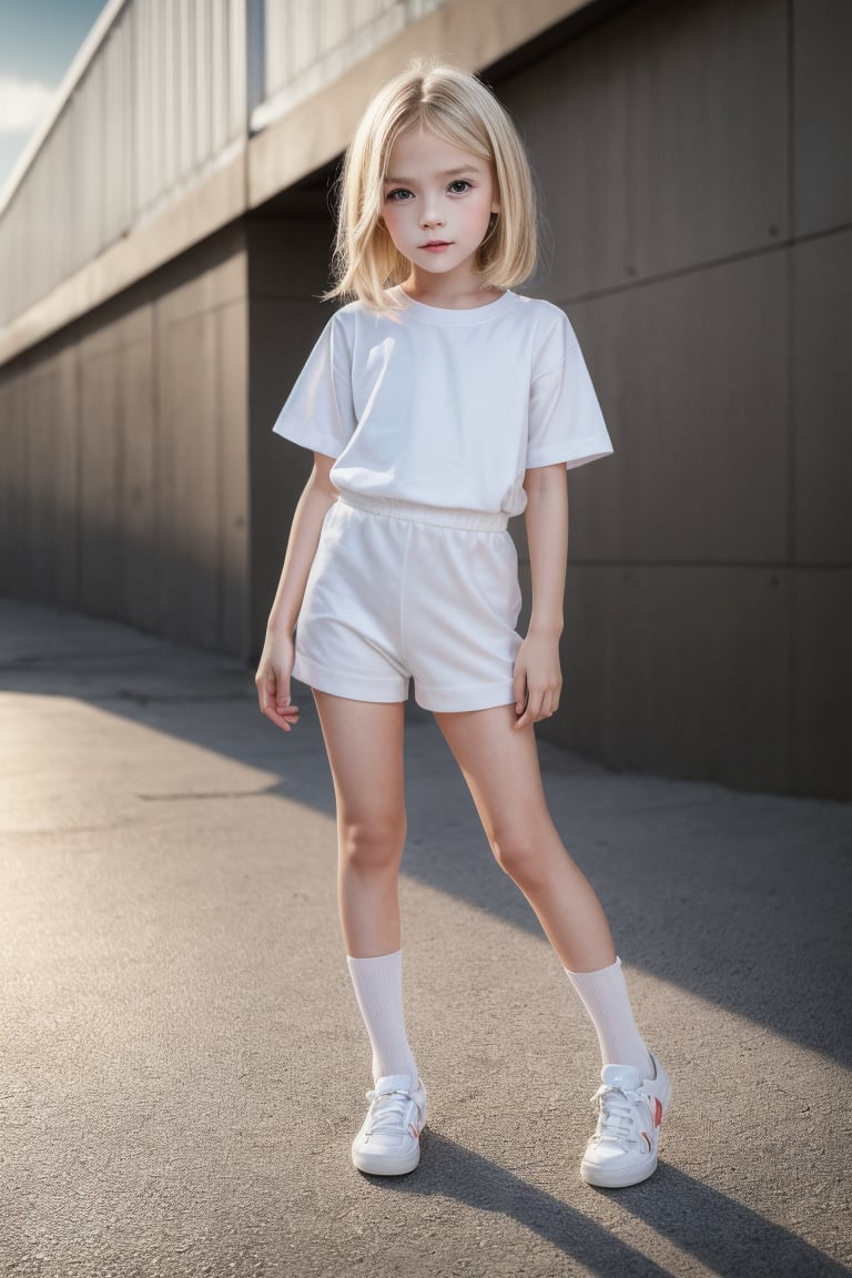 portrait of a child model with a wellformed skinny body, blonde hair, long skinny legs, hiphop clothing, white stockings, (Masterpiece, 8K, HDR, Hyperrealistic, beautiful face)