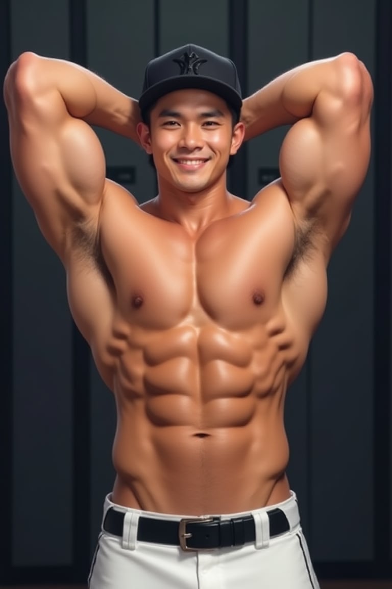 A young handsome muscular man, solo, looking at viewer, blush, smile, short hair, black hair, 1boy, hat, male focus, shoes, belt, pants, armpits, muscular, pectorals, tan, muscular male, bara, baseball cap, arm behind head, black belt, sportswear, white pants, biceps, locker, backwards hat, armpit hair, locker room, baseball uniform,  ultra detailed, photo-realism, 8k.