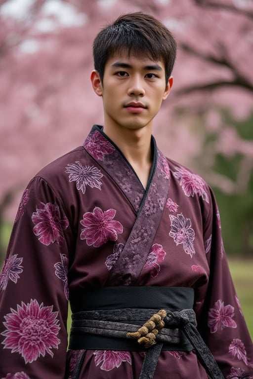 flower4rmor, photo of a handsome man, (25 years old), wearing cherry blossom flower samurai robes, holding katana sword, ancient japan fantasy background, fighting stance, best quality, masterpiece, detailed background, depth of field, intricate details