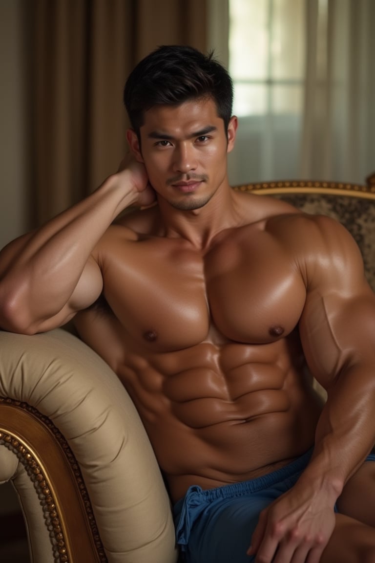 A full-body shot of a muscular man with a handsome face and tan skin, looking with a superior smirk directly into the eye of the viewer, tan skin, big biceps reclining gracefully on a richly adorned sofa, one arm resting behind his head and the other draped languidly over the side of the sofa. his athletic muscular body shimmers in the soft light of a summer day he has a sixpack, broad round shoulders, big chest, strong arms with lean defined muscles he is only wearing a blue torn bikini.