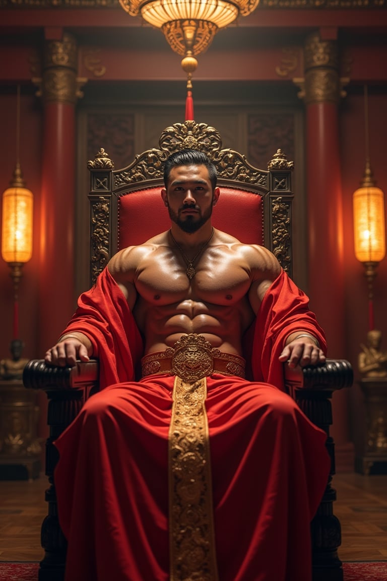 A sexy handsome body builder, Ancient Chinese emperor, luxurious palace, emperor chair