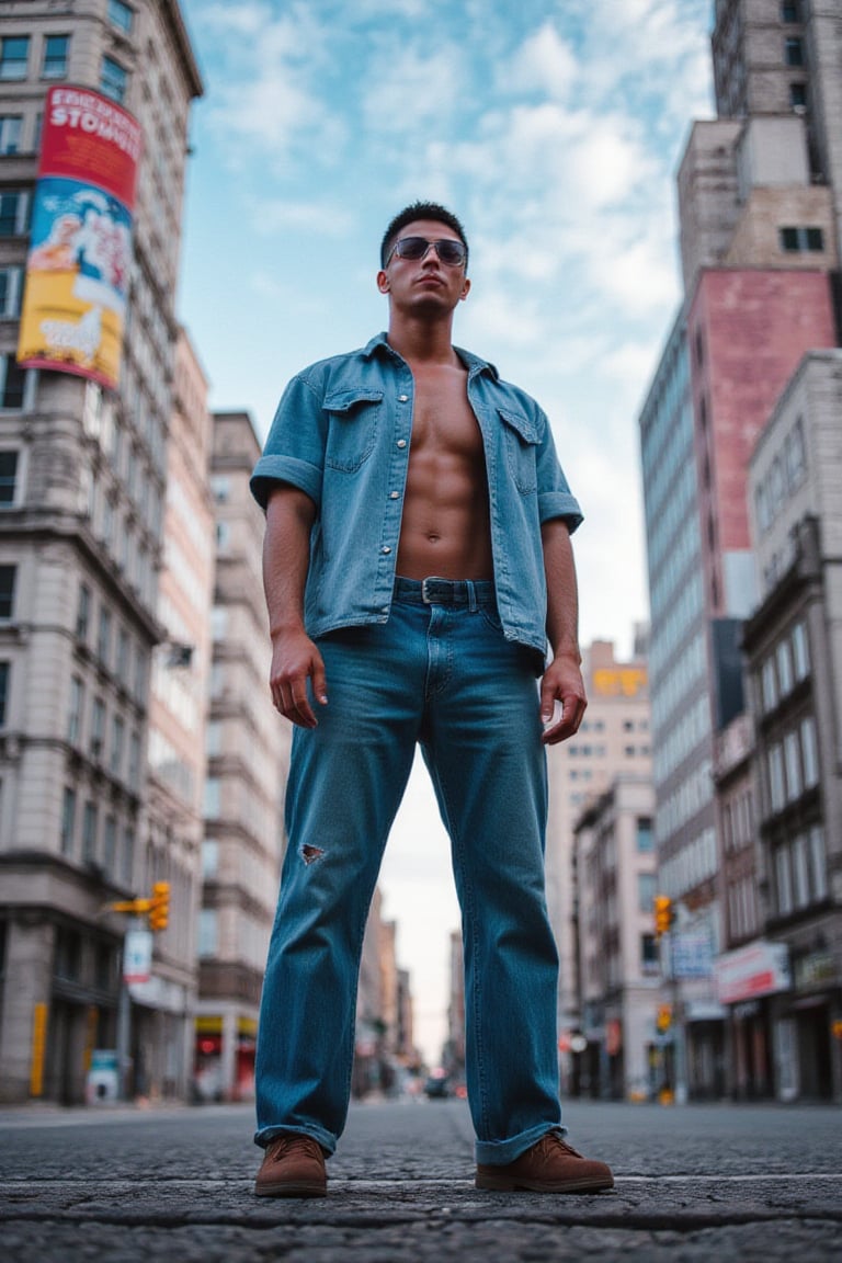 In a vibrant and colorful anime world, a figure dressed in blue jeans stands on the edge of a towering skyscraper. stylized by Zena Holloway, Fan Ho, rococo, meticulous technique, Superflat art movement, matte painting, dance photography, Finnish national epic, aidmaExperimentalPhotography.sexy handsome body builder,large pectorals.