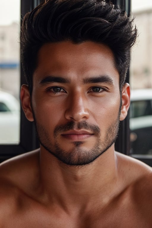 instagram photo, portrait photo of man, 30 y.o, perfect face, natural tan skin, film grain, skin imperfections, face close-up, realistic photography, hazel eyes, beard, realistic, masterpiece, intricate details, detailed background, depth of field, dynamic pose