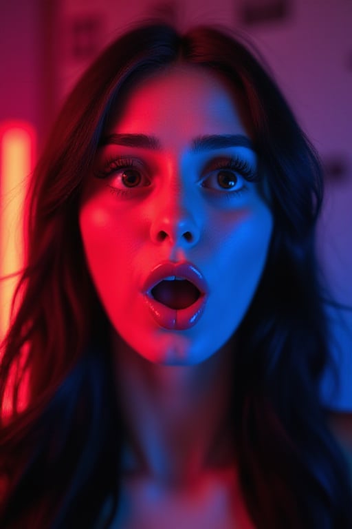 Generate a close-up, nighttime selfie in 8k resolution, featuring a young woman with a surprised and playful expression. The scene is illuminated by dramatic, colorful lighting, primarily a vibrant red hue from the left side, which casts strong highlights on the subject's face, and subtle cool blue lighting from the background. The contrast between the red and blue tones adds a lively, dynamic effect to the image.

The woman has long, dark, slightly tousled hair that frames her face. Her wide eyes and raised eyebrows give her an exaggerated, playful look of surprise. Her mouth is open, further enhancing the expressive, candid nature of the shot. She wears subtle makeup with winged eyeliner that accentuates