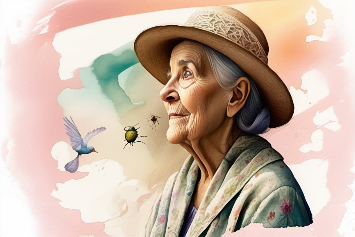 In a mesmerizing Droste effect, the old lady is shown swallowing a fly, a spider, a bird with each iteration becoming more and more translucent, until she disappears into a swirl of gradients and colors. water color