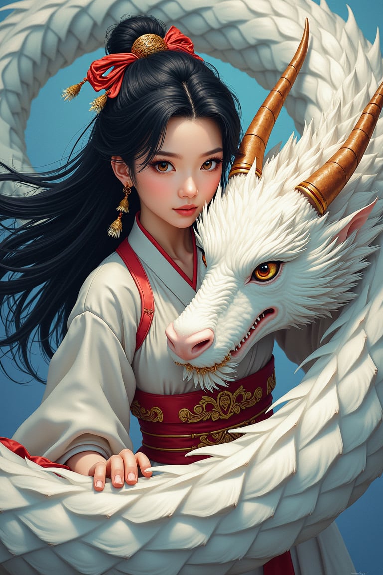 Digital illustration painting  art, epic anime style ghibli, lady with white dragon, samurai, very intricate details, gaze eyes on the camera Facing viewer flux-image, maximalism, bold lining, mparthan83, cinematicxhan