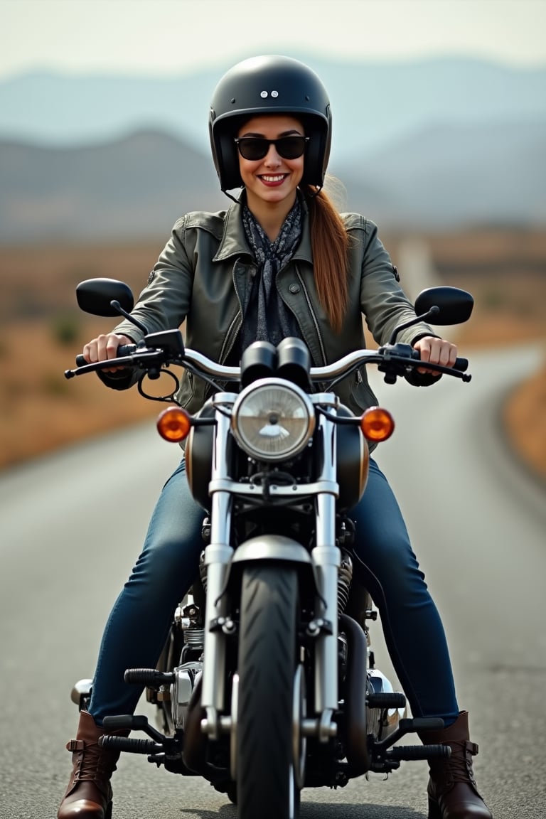 CustomChopperXmiya. YOUNG WOMAN wearing black sunglass, charm smile, grey jacket, jeans, boot, helmet, ponytail hair, tie bandana, RIDE Harley-Davidson Chopper Low Rider with stand, background on the ROAD in Tanzania hyway, STUNNING AND COOL