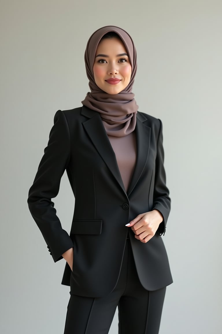 Create me a personal trainer who is a businesswoman, she wearing hijab, casual suit attire, high heel --ar 9:16 --v 6.1