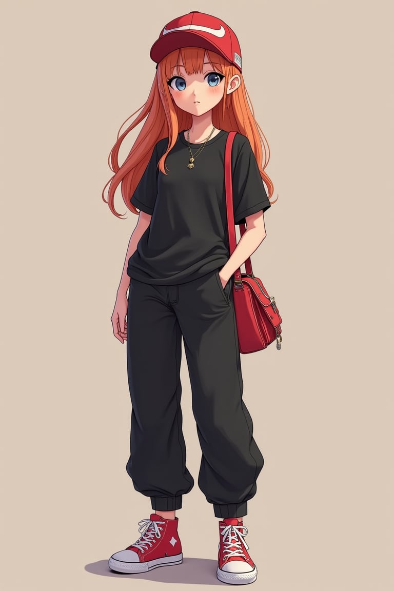 Anime 1 3d.hanna a beautiful lady wearing cap, long t-shirt black tshirt, long slack, red sneakers, bag packers, charm to, nice face and big eyes, she pose turn up, 