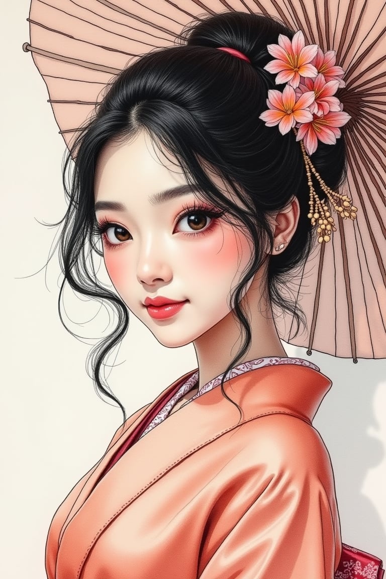 Sketching crosshatching micro close up view, a pretty Asian lady wear peach long sakura kimono, gaze eyes on the camera, dynamic shadow, nice smile, pink lips, Japanese Ink, cinematic