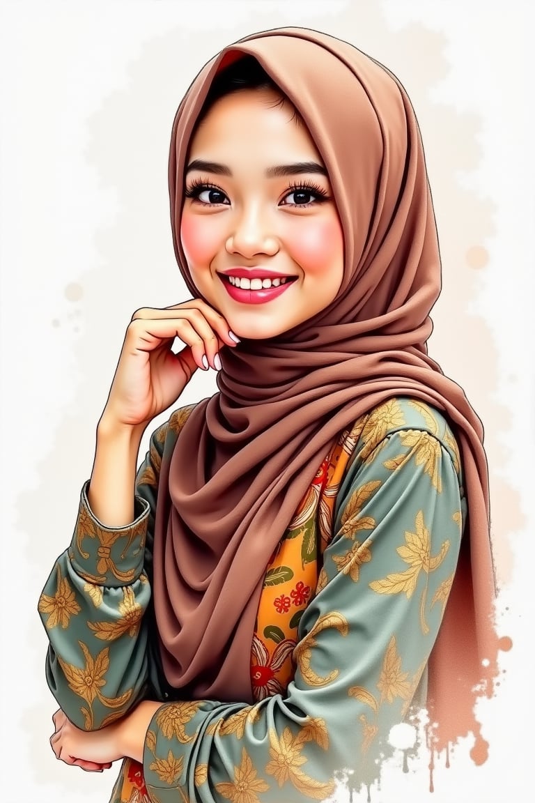 Sketch of Hanna, a beautiful Asian lady wearing hijab, with a nice face and charming smile. She is dressed in a kebaya batik dress and has a happy gesture on her face, captured in a crosshatching style. Watercolor painterly, mixed with oil and acrylic textures, creating a vibrant and expressive portrait.