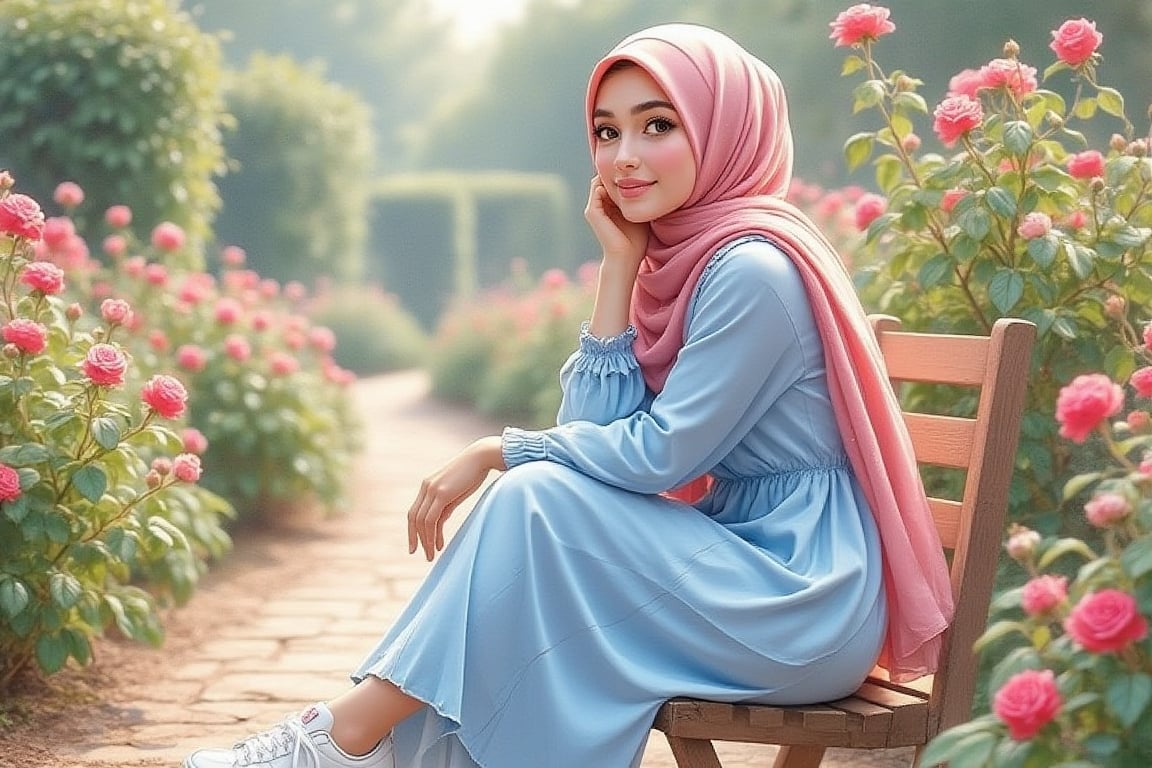 Digital illustration painting in gouache watercolor style with sketch crosshatching. A beautiful Muslima hijabi with big eyes, long eyelashes, and a charming simple smile showing dimples. She exudes natural beauty, wearing a soft blue long-sleeved ruffle shirt, long dress, and white sneakers. She sits on a wooden chair at the side of a garden rose park pathway. The scene is softly lit, with delicate details of roses and greenery surrounding her, creating a serene and picturesque atmosphere.