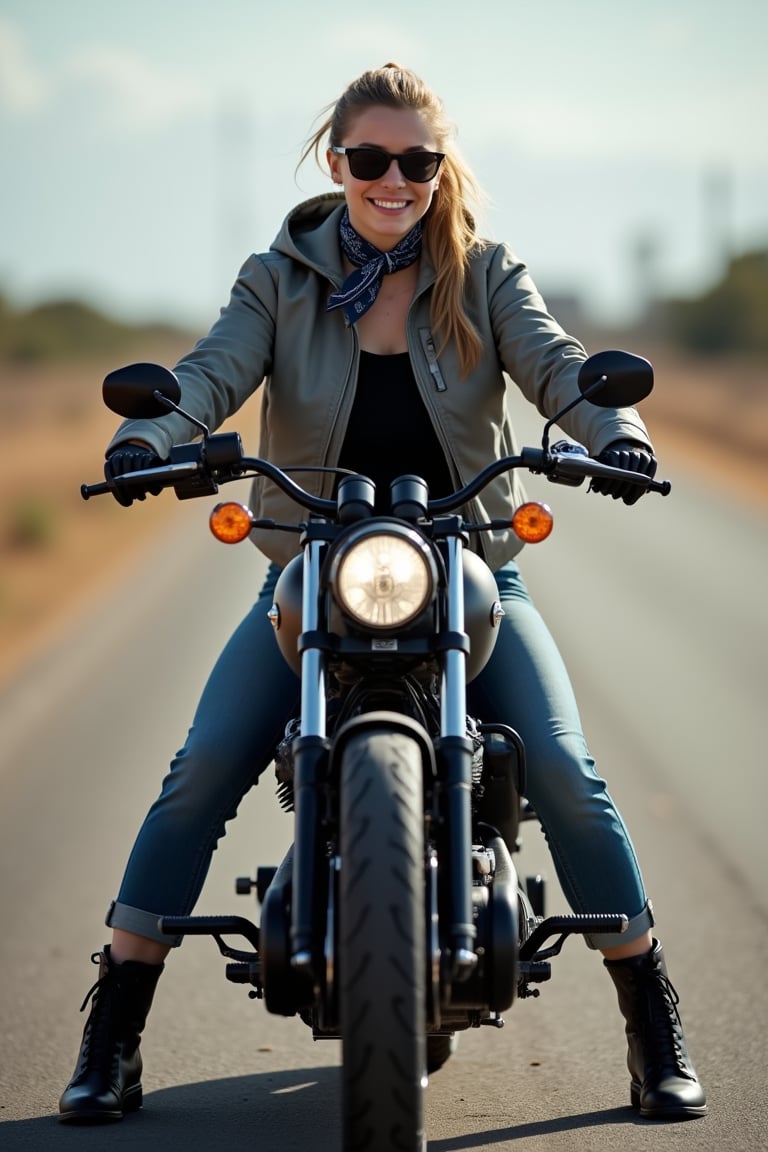 CustomChopperXmiya. YOUNG WOMAN wearing black sunglass, charm smile, grey jacket, jeans, boot, helmet, ponytail hair, tie bandana, RIDE Harley-Davidson Chopper Low Rider with stand, background on the ROAD in Tanzania hyway, STUNNING AND COOL