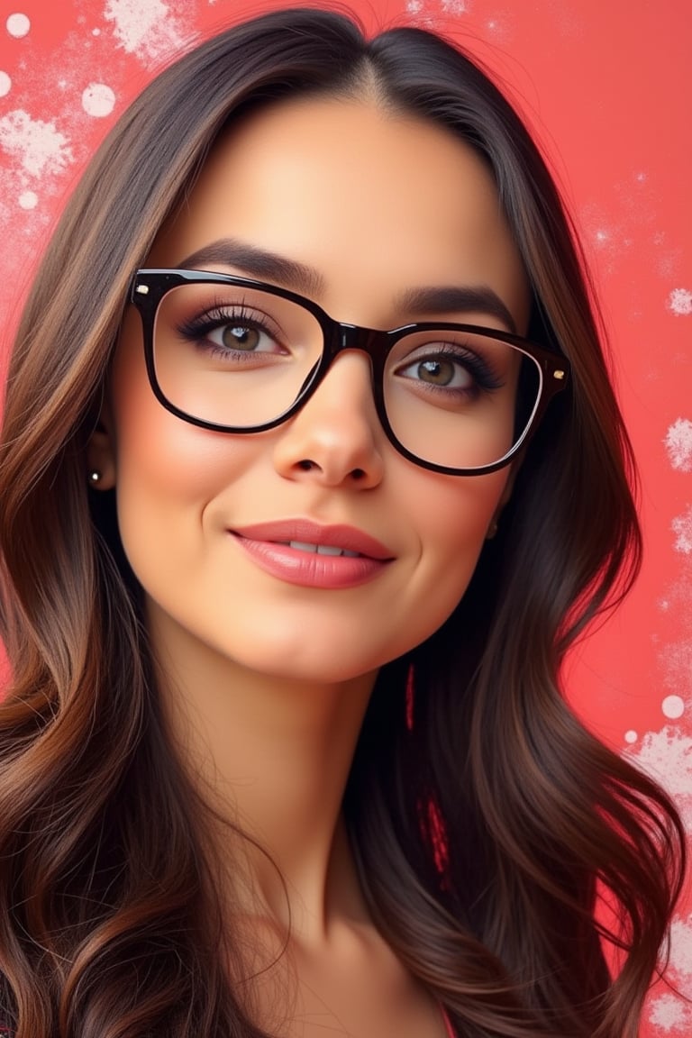 PopArt.hanna, pop art painting potrait close up smart Russia lady wearing oversized glasses, long wave hair, dutch angle through Anamorphic Lens and charm smile, simple and elegant 