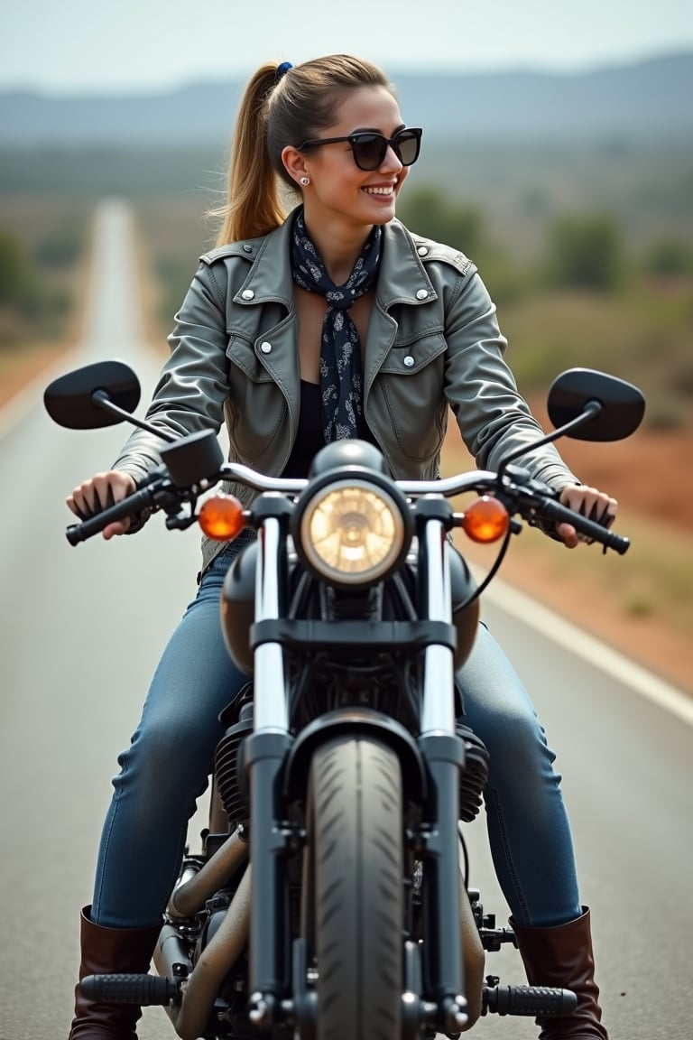 CustomChopperXmiya. YOUNG WOMAN wearing sunglass, charm smile, grey jacket, jeans, boot, helmet, ponytail hair, tie bandana, RIDE Harley-Davidson Chopper Low Rider with stand, background on the ROAD in Tanzania hyway, STUNNING AND COOL