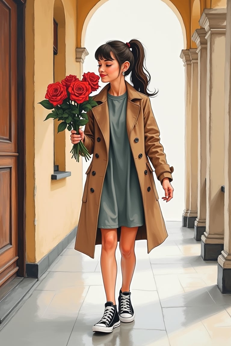 Prompt: Grudge, Oil on canvas, Modern art, Minimalist oil ink Gouache mix watercolor painterly , full length image, a pretty lady wearing longcoat, dress, sneakers, ponytail hair, and neat hair, walking  corridor side of building, gesture face happy, sweet smile, she  kiss  the bouquet of rose, gaze eyes on camera ,
