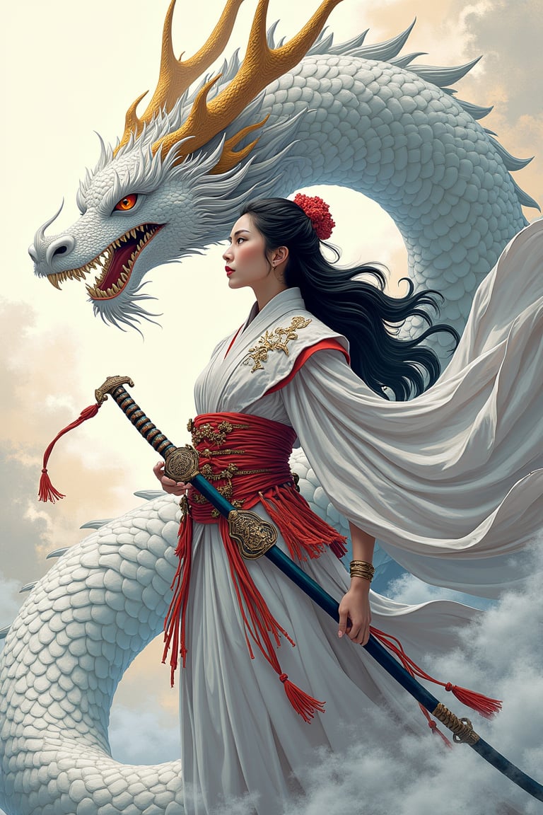 Digital art, epic anime style ghibli, lady with white dragon, samurai, very intricate details, maximalism, bold lining, mparthan83, cinematicxhan