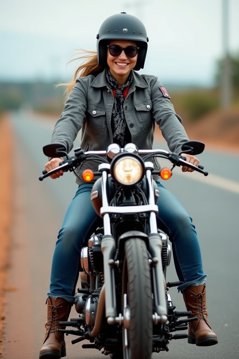 CustomChopperXmiya. YOUNG WOMAN wearing sunglass, charm smile, grey jacket, jeans, boot, helmet, ponytail hair, tie bandana, RIDE Harley-Davidson Chopper Low Rider with stand, background on the ROAD in Tanzania hyway, STUNNING AND COOL