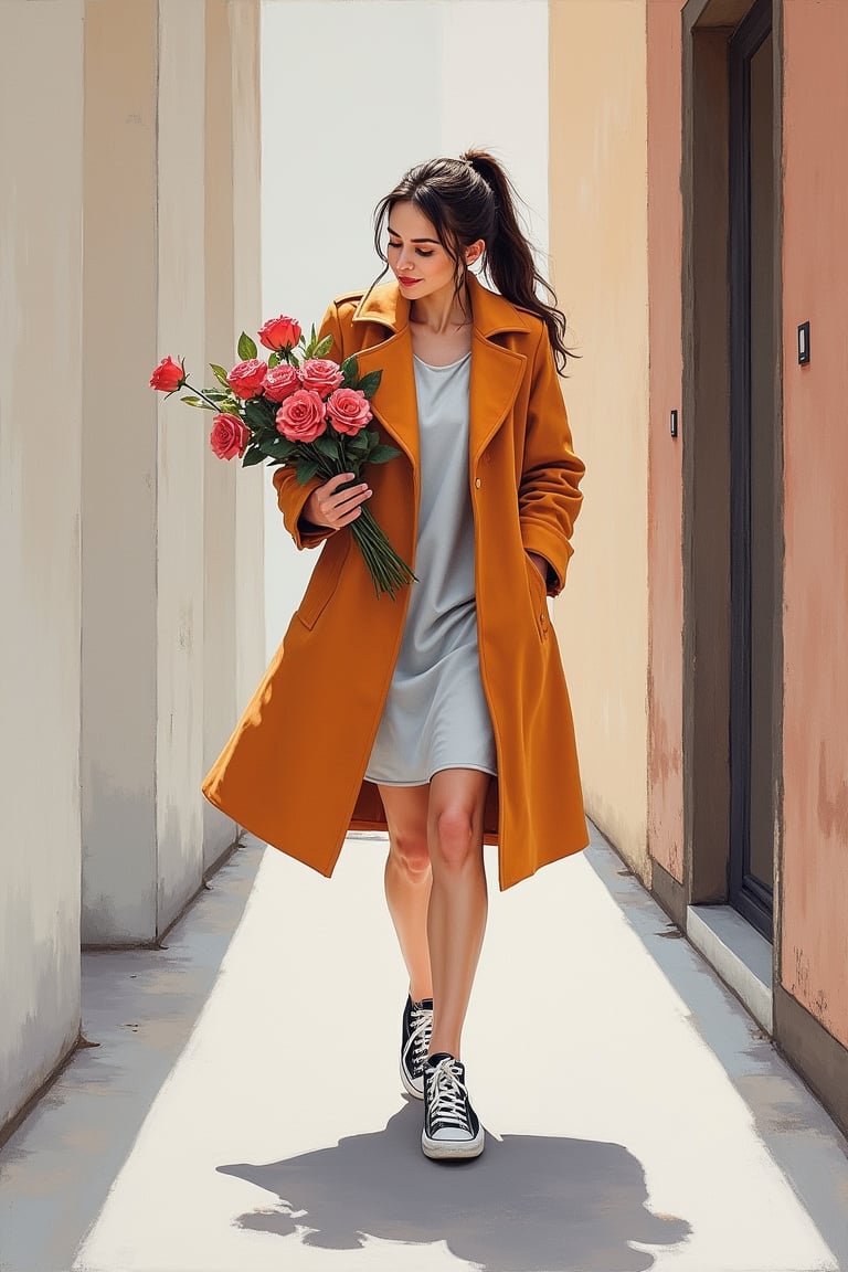 Prompt: Grudge, Oil on canvas, Modern art, Minimalist oil ink Gouache mix watercolor painterly , full length image, a pretty lady wearing longcoat, dress, sneakers, ponytail hair, and neat hair, walking  corridor side of building, gesture face happy, sweet smile, she  kiss  the bouquet of rose, gaze eyes on camera ,
