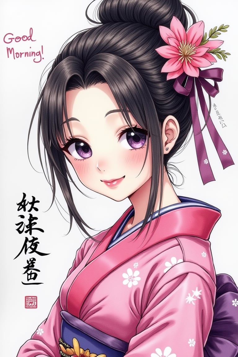 

Sketching crosshatching micro close up view, a pretty Asian lady wear pink purple long sakura kimono, bun hair with accessories, nice smile, sweet dimple, pink lips, Japanese Ink, cinematic, gaze eyes on the camera, dynamic shadow, with chaligraphy Japanese, "Good Morning"