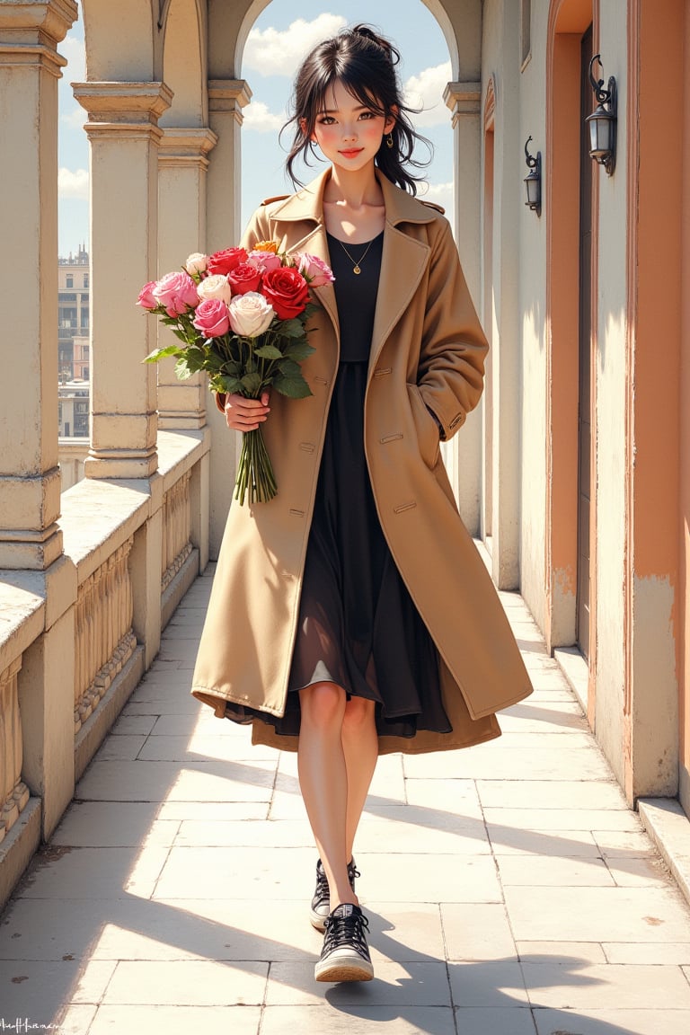 Prompt: Grudge, Oil on canvas, Modern art, Minimalist oil ink Gouache mix watercolor painterly , full length image, a pretty lady wearing longcoat, dress, sneakers, ponytail hair, and neat hair, walking  corridor side of building, gesture face happy, sweet smile, she  kiss  the bouquet of rose, gaze eyes on camera ,
