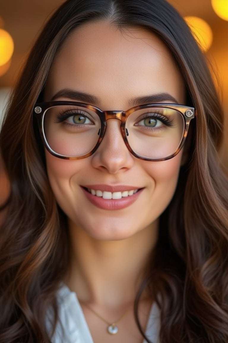 PopArt.hanna, potrait close up smart Russia lady wearing oversized glasses, long wave hair, dutch angle through Anamorphic Lens and charm smile, simple and elegant 