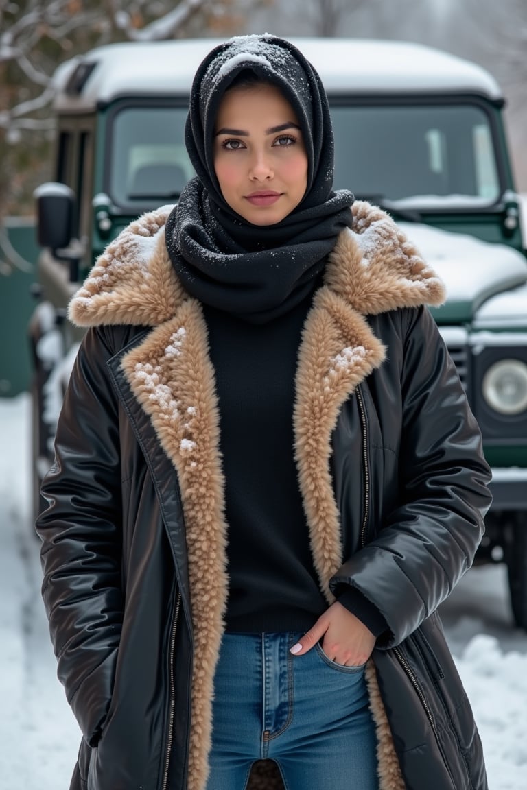 Photorealistic the charm potrait, Chiaroscuro lighting accentuating nuance and bright color, tenebrism illustration, a pretty lady wearing hijabi, fluffy and leather coat, long turtleneck, blue jeans stand a side land rover 4x4 at snowing day