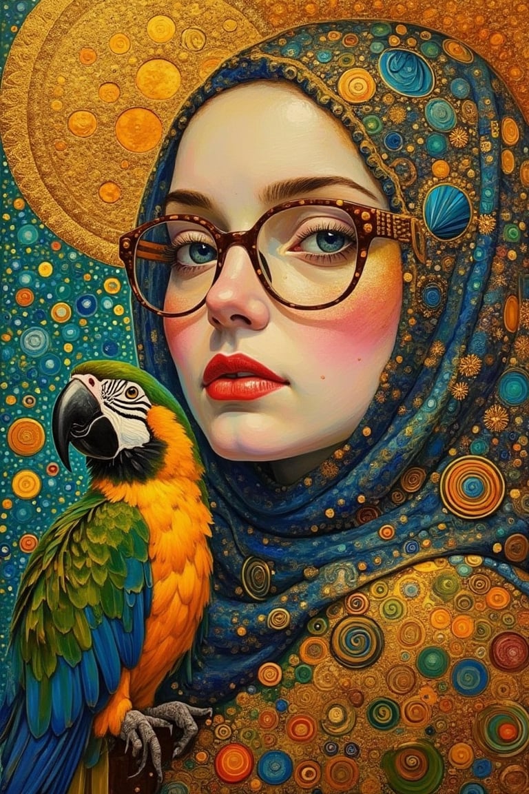 Gustav Klimt-inspired acrylic gouache watercolor painting, featuring a young gorgeous lady wearing a hijabi and glasses, with a parrot perched nearby. Nuanced and bright colors in UHD, captured in a Dutch-angle through an anamorphic lens. Rembrandt-style painting of her face, with intricate patterns and golden details. Cinematic composition and lighting highlight her serene expression and the vibrant parrot.