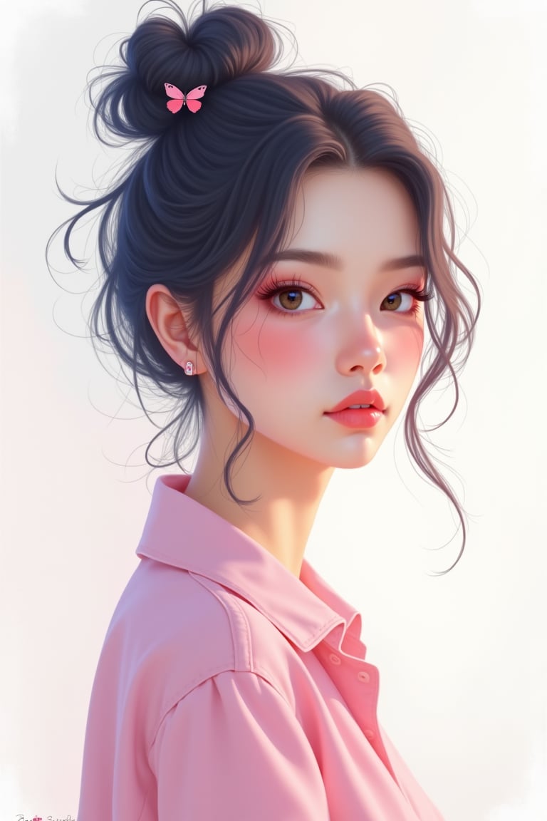 "A beautiful and ethereal portrait of a young
woman with soft, glowing skin and delicate
features with pink shirt in style, created using
digital illustration with gouache paint and sketching
techniques. Her face is framed by loose, pink
blue wavy messy bun hair that gently cascades
around her with small cute butterfly hair pin klip
She has light makeup with a natural blush and
subtle lip color, enhancing her natural beauty. The
background is minimalistic, with soft gradients of
white and pastel tones, creating a dreamy, serene
atmosphere.
(14)