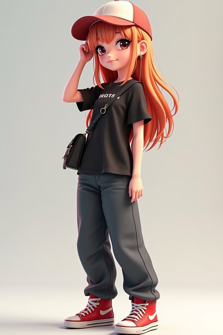 Anime 1 3d.hanna a beautiful lady wearing cap, long t-shirt black tshirt, long slack, red sneakers, bag packers, charm to, nice face and big eyes, she pose turn up, 