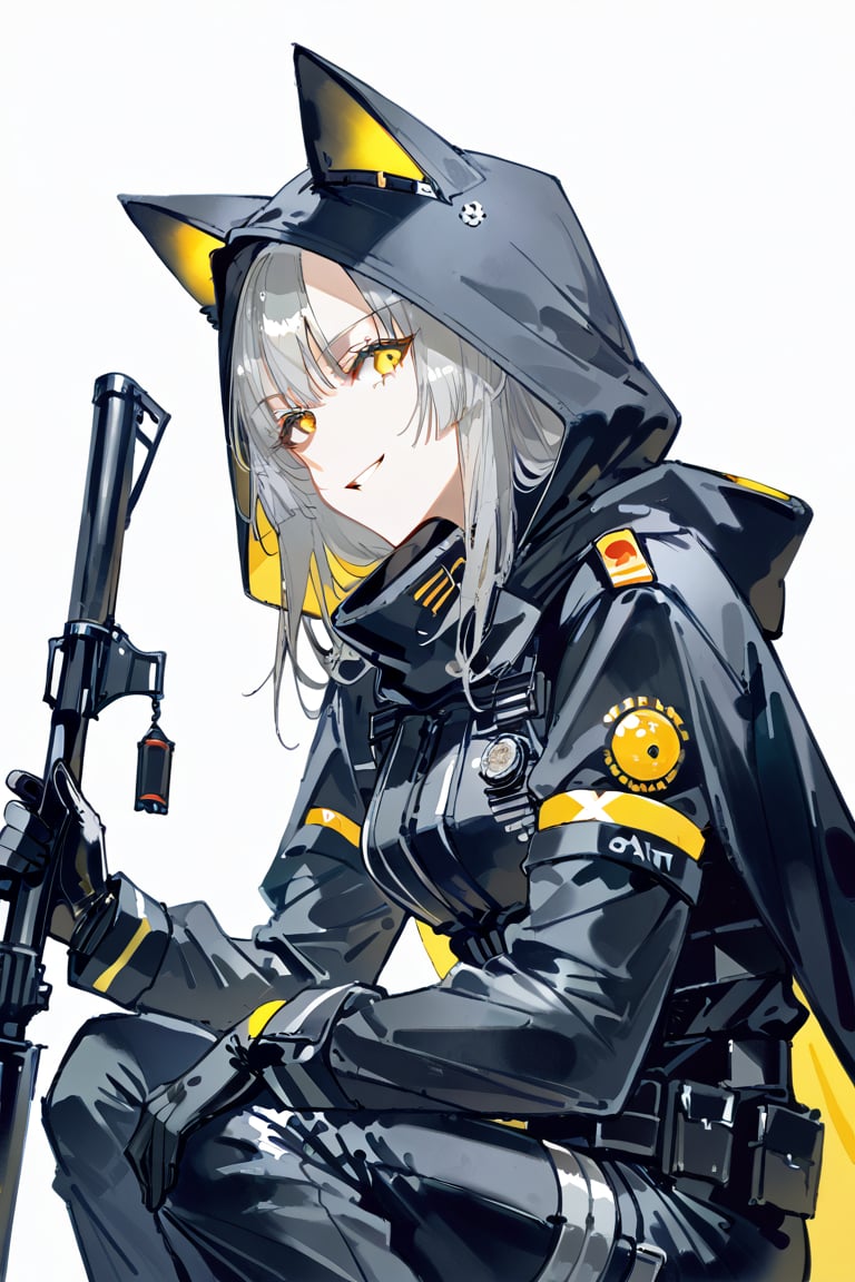 artist：dino_（dinoartforame）, quasarcake, 1girl, cat girl, solo, long hair, looking at viewer, {Death Stranding}, bangs, simple background, gloves, white background, holding, sitting,black jacket, yellow eyes, weapon, grey hair, black gloves, pants(military gears), black hood(hood up), cape, firearm, hood up, animal hood(cat ears), pov, illustration, protective suit, smirk, glowing slit pupils, from side, yellow highlight color,watercolor