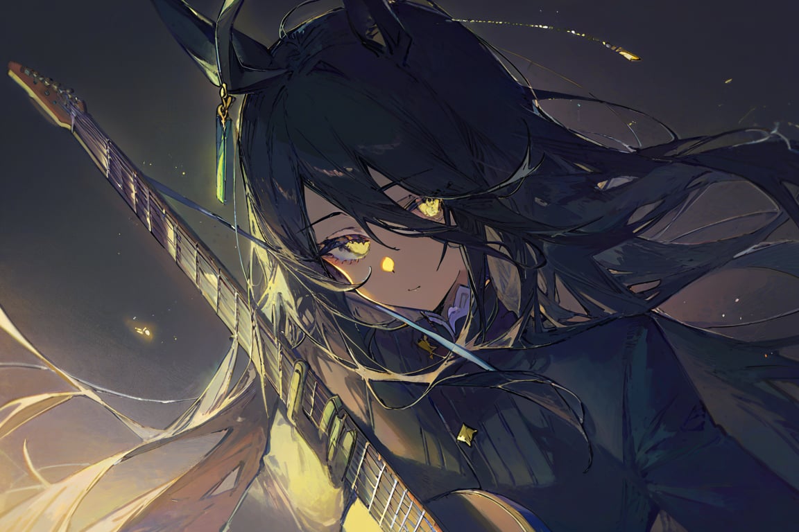 betabeet, ciloranko, quasarcake, solo, dark vibe, best quality, 1girl, horse girl, horseears, solo,very long black hair, looking at viewer, long bangs,gloves, holding guitar, illustration, gorgerous, delicated eyes, shadow lights,best quality, masterpeice, delicate face, detailed eyes, pov,MANHATTAN CAFE (UMAMUSUME). delicate features,golden,long Bang, sit,particles,hair in wind,hair strand,guitar,