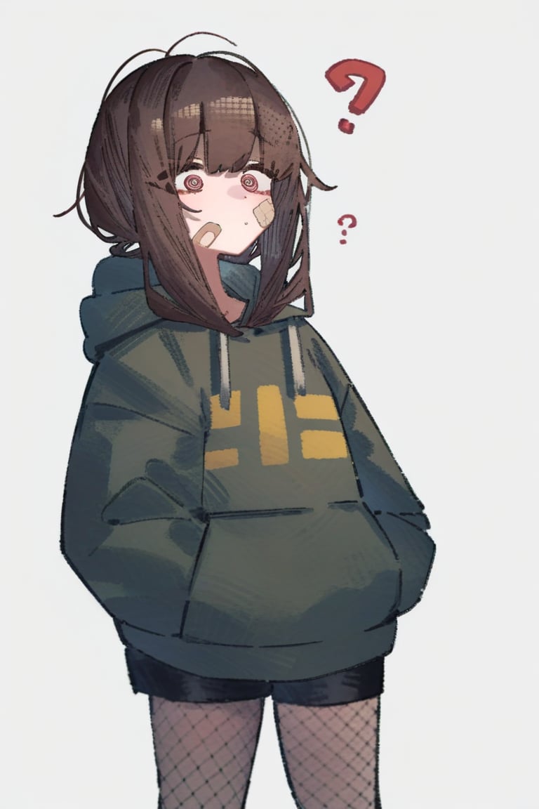 betabeet, 1girl, solo, messy long dark brown hair, looking at viewer, bangs, simple background, red coiled eyes, confused, cowboy shot, torn, dark olive-green hoodie, black shorts,?,hands in pockets, fishnet pantyhose, bandaid on face and leg