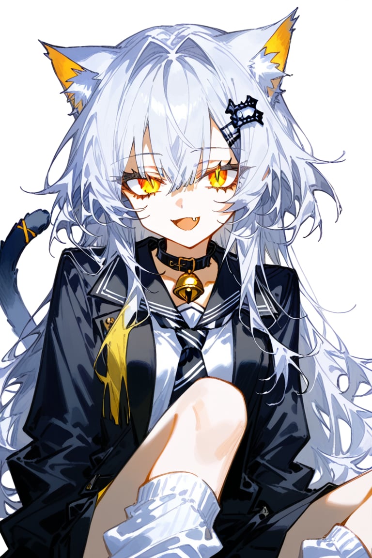 artist：quasarcake,dino \(dinoartforame\, 1girl, catgirl, solo, long hair,looking at viewer, bangs, shirt, striped tie, black jacket, hair ornament(fish bone), animal ears, hair between eyes, cat tail, yellow slit eyes, white hair, silver hair, cat bell collar, hairclip, fang, cat ears, fingernails, fashion, animal ear fluff, hair intakes, slit pupils, gorgerous, cute, delicated eyes,smile, simple white background,jyojifuku,loose socks,source_anime,sagawa