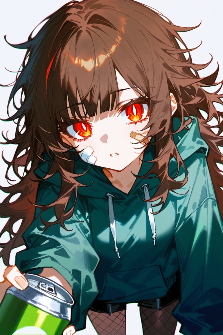 artist：quasarcake,dino_（dinoartforame）, 1girl, solo, long hair,looking at viewer, bangs,messy long dark-brown hair, messy hair, graffiti, looking at viewer, bangs, simple background, red coiled eyes, red eyes, (coiled pupils) confused, cowboy shot, torn, dark olive-green hoodie, black shorts, spray can, fishnet pantyhose, bandaid on face and leg, simple background,ach-ciloranko,chromatic aberration, colors saturation, pov, illustration