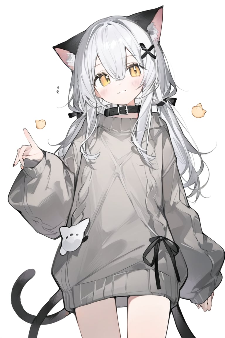 artist: betabeet, ciloranko. mikozin.1girl, catgirl, solo, long hair,looking at viewer, bangs,hair ornament(fish bone), animal ears, hair between eyes, cat tail, yellow eyes, white hair, silver hair, cat bell collar, cat ears, fashion, animal ear fluff, slit pupils, gorgerous, cute, delicated eyes, simple background, source_anime, score_9,score_8_up,score_7_up,awkward smile, blush, oversized sweater, loose sleeves