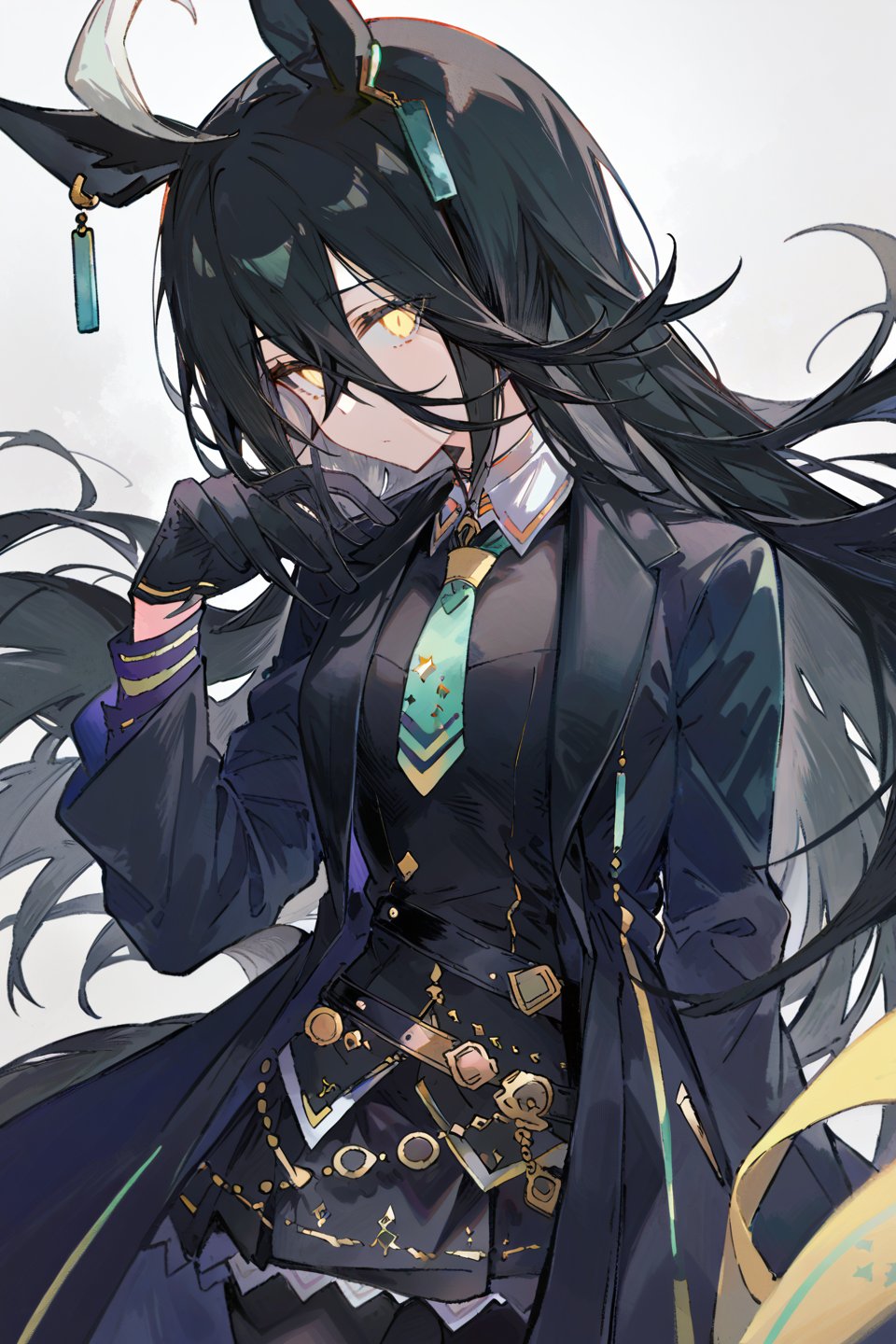 betabeet, ciloranko, rurudo, solo, dark vibe, best quality, 1girl, horse girl, horseears, solo,very long black hair, long bangs,gloves, illustration, gorgerous, delicated eyes, best quality, masterpeice, delicate face, detailed yellow eyes, source_anime,  jima, look at viewer, skirt, shirt, black hair, gloves, long sleeves, white background, animal ears, hair between eyes, jewelry, closed mouth, jacket, tail, yellow eyes, ahoge, pantyhose, earrings, necktie, black gloves, black skirt, coat, black pantyhose,  horse ears, horse girl, horse tail, single earring, black coat, yellow necktie, manhattan cafe \(umamusume\),MANHATTAN CAFE (UMAMUSUME)