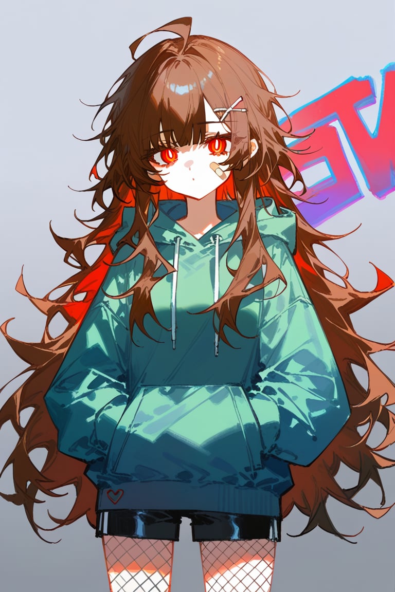 artist：quasarcake,dino_（dinoartforame）, 1girl, solo, long hair,looking at viewer, bangs,messy long dark-brown hair, messy hair, graffiti, looking at viewer, bangs, simple background, red coiled eyes, red eyes, (coiled pupils) confused, cowboy shot, torn, dark olive-green hoodie, black shorts,,hands in pockets, fishnet pantyhose, bandaid on face and leg, simple background,ach-ciloranko,chromatic aberration, colors saturation