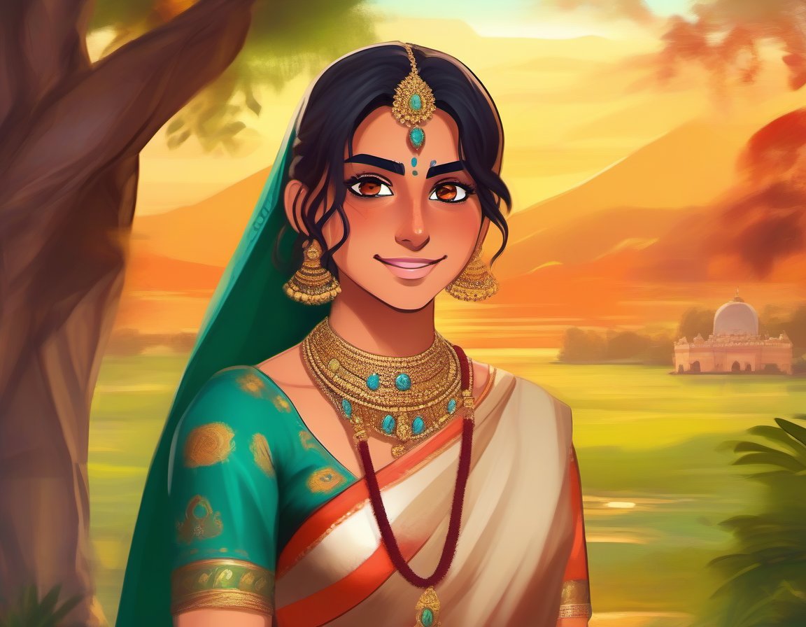 "Create an anime-style image featuring an Indian character. The character is a young man/woman with dark, flowing hair, wearing traditional Indian attire like a vibrant saree or kurta. The setting is a beautiful Indian landscape with lush greenery and a distant view of ancient temples or palaces. Include intricate jewelry like bangles, earrings, and a bindi on the forehead. The art style should have bright, colorful tones, and the character's eyes should be large and expressive in typical anime style."